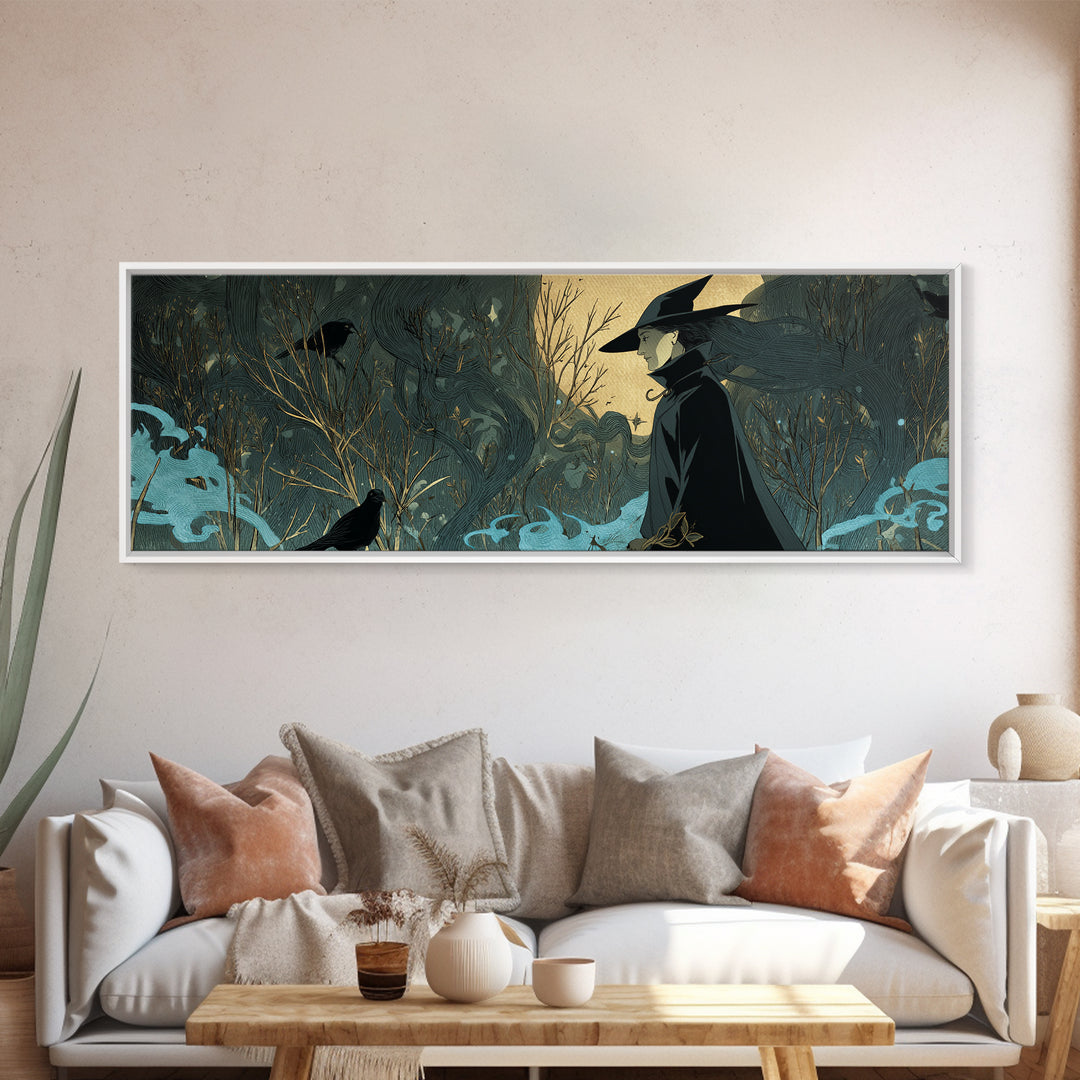 The Will-O'-The-Wisp Shepherd, Decadent Line Art, Extra Wide Wall Art, Dark Fantasy Wall Art, Canvas Print, Halloween Wall Art
