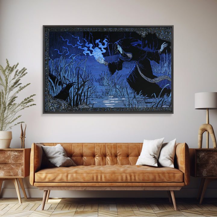 The Will-O'-The-Wisp Shepherd, Stained Glass Gothic Art, Landscape Wall Art, Gothic Horror Wall Art, Framed Canvas Print, Macabre Wall Art