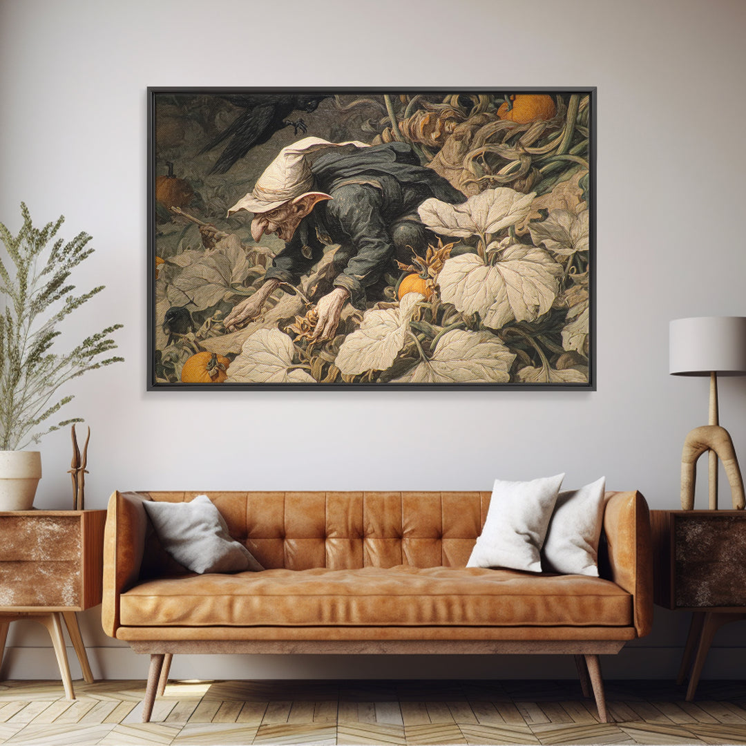 The Pumpkin Patch Goblin, Medieval Grotesque Art, Landscape Wall Art, Dark Fantasy Wall Art, Framed Canvas Print, Halloween Wall Art