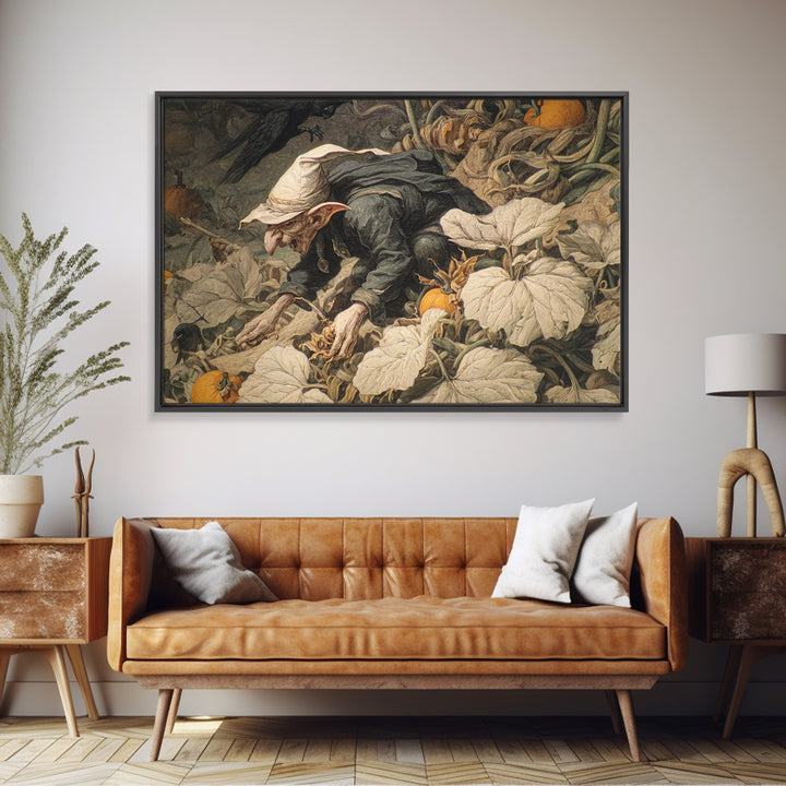 The Pumpkin Patch Goblin, Medieval Grotesque Art, Landscape Wall Art, Dark Fantasy Wall Art, Framed Canvas Print, Halloween Wall Art
