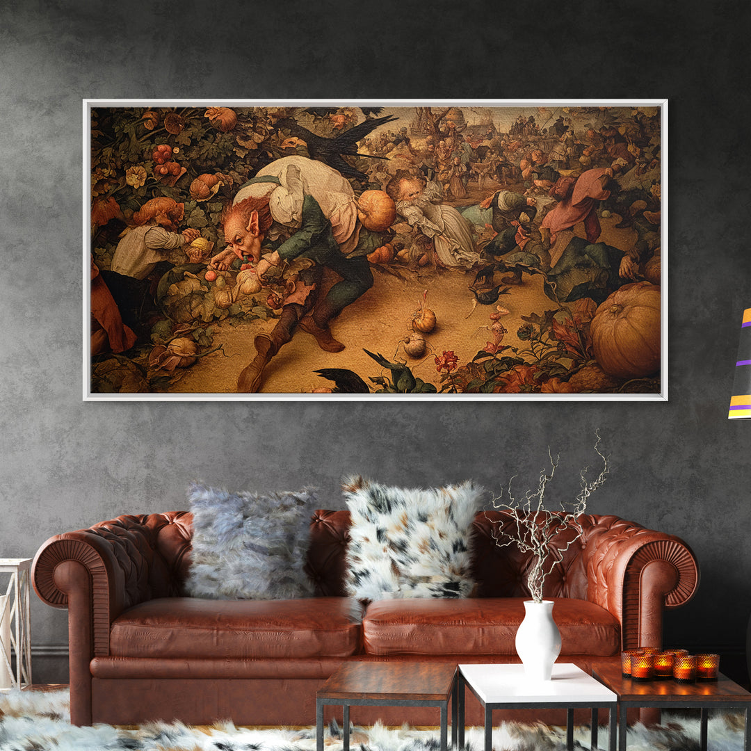 The Pumpkin Patch Goblin, Northern Renaissance Horror, Wide Panoramic Art, Dark Fantasy Wall Art, Framed Canvas Print