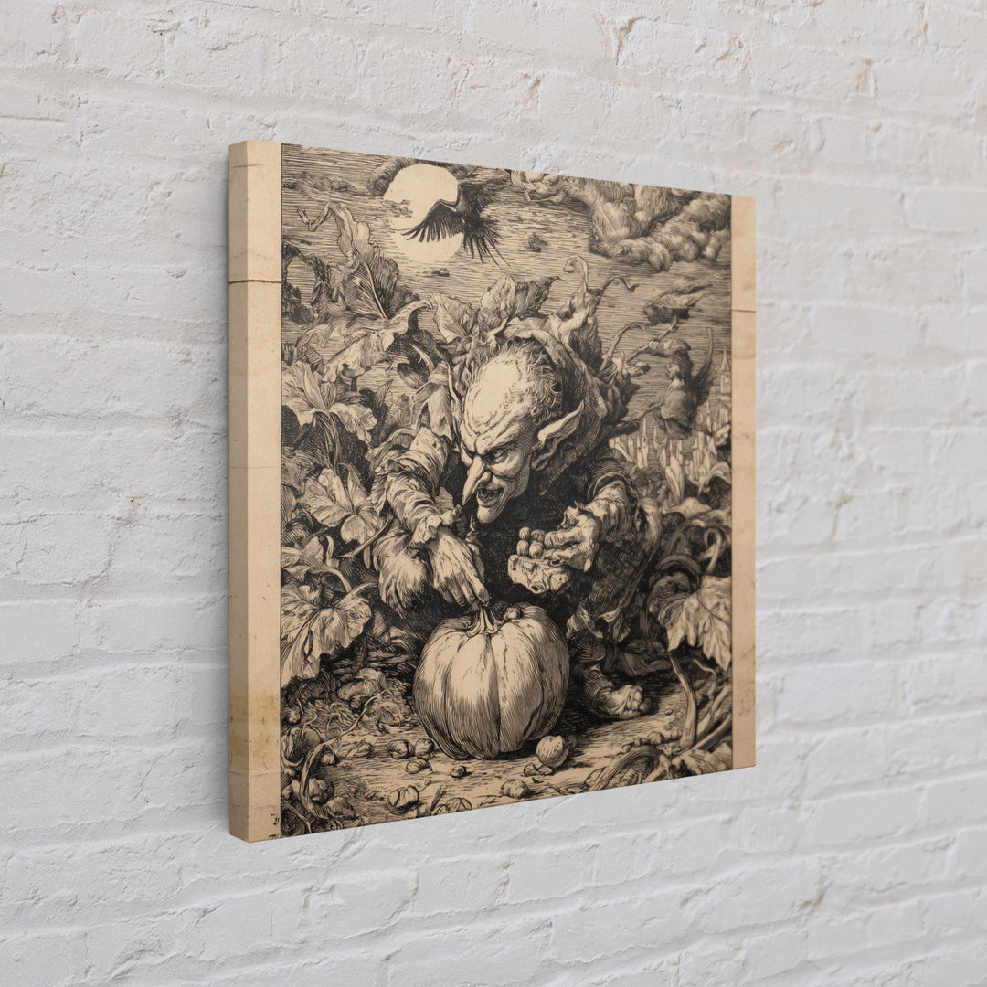 The Pumpkin Patch Goblin, Renaissance Engraving Art, Square Wall Art, Dark Halloween Decor, Framed Canvas Print, Halloween Wall Art