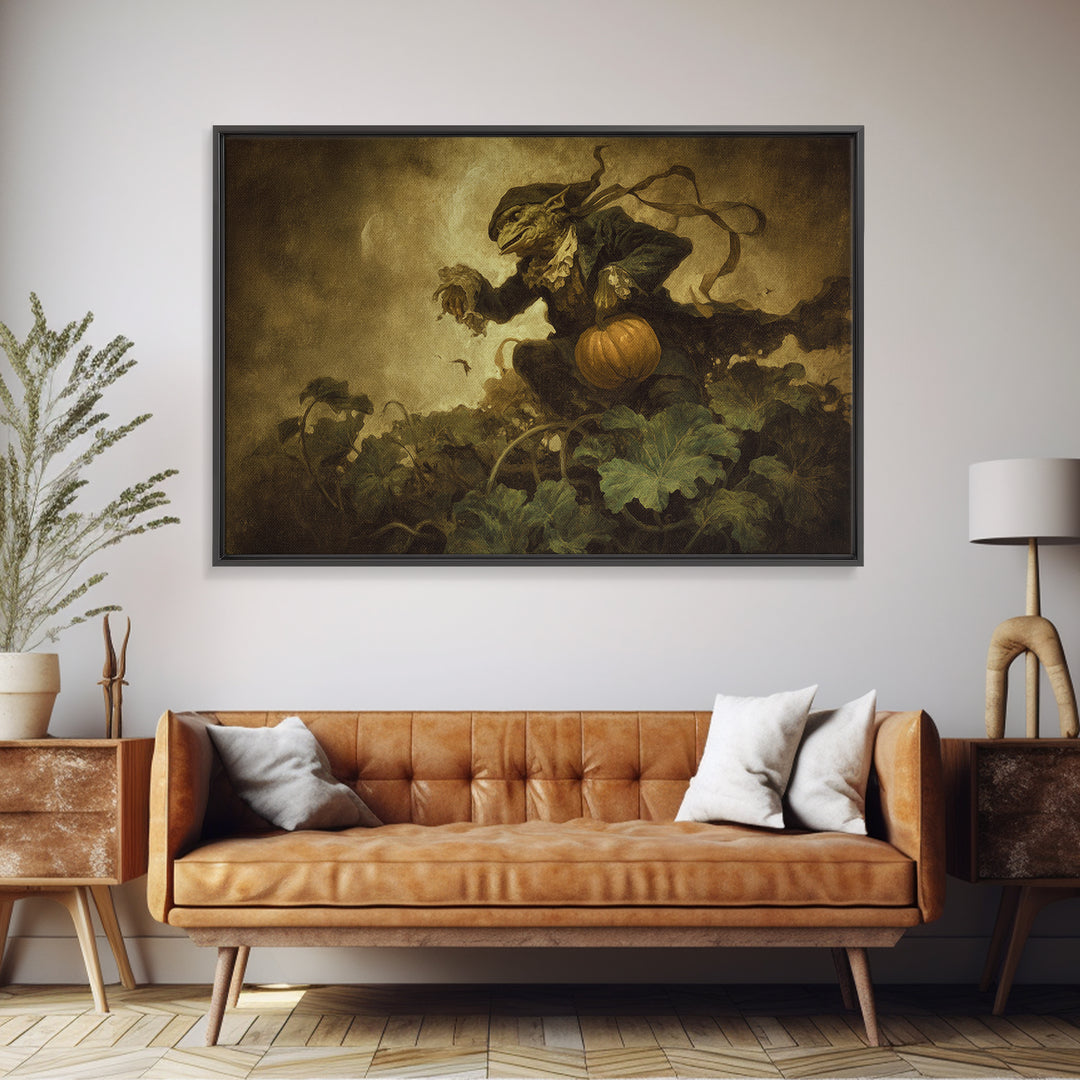 The Pumpkin Patch Goblin, Dark Romantic Horror Art, Landscape Wall Art, Dark Halloween Decor, Framed Canvas Print, Halloween Wall Art