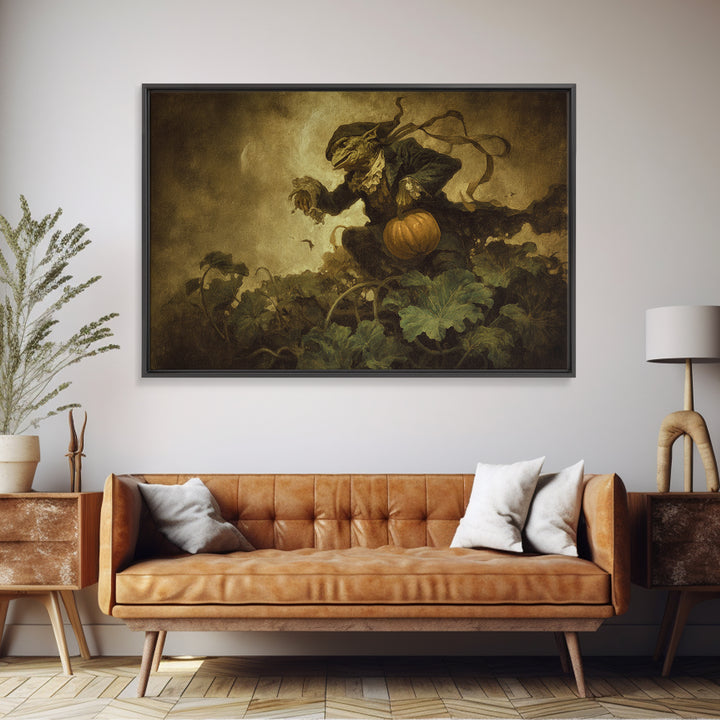 The Pumpkin Patch Goblin, Dark Romantic Horror Art, Landscape Wall Art, Dark Halloween Decor, Framed Canvas Print, Halloween Wall Art
