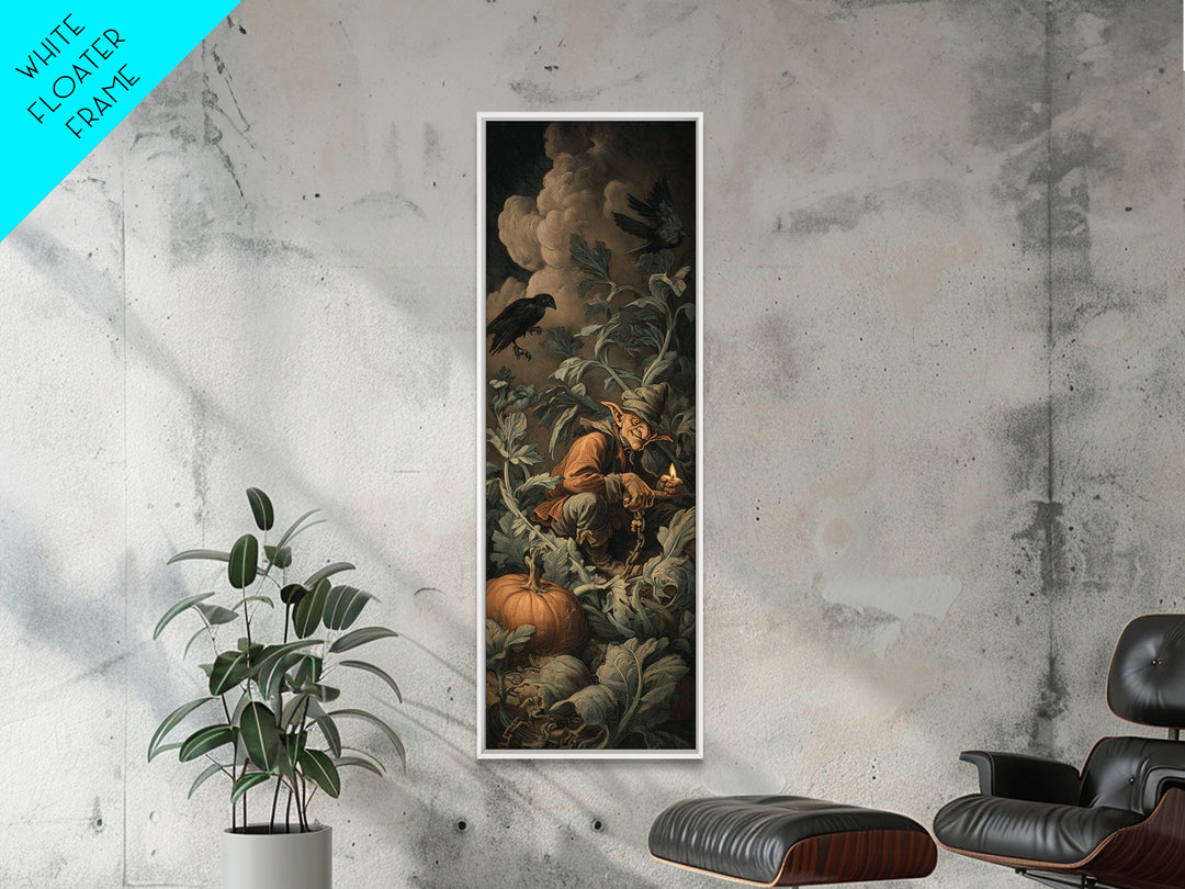 The Pumpkin Patch Goblin, Architectural Etching Art, Tall Narrow Wall Art, Dark Halloween Decor, Framed Canvas Print