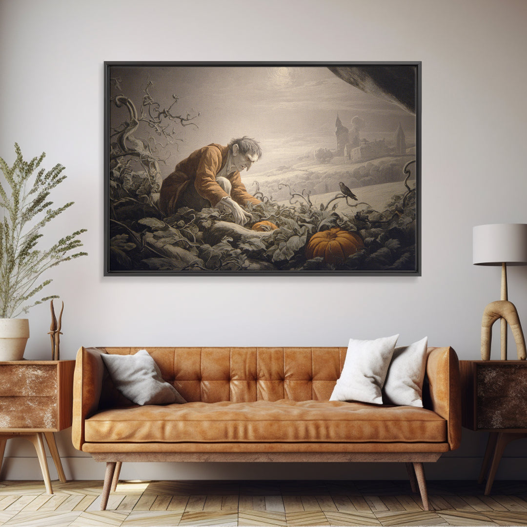 The Pumpkin Patch Goblin, Romantic Gothic Landscape, Landscape Wall Art, Macabre Wall Art, Canvas Print, Halloween Wall Art
