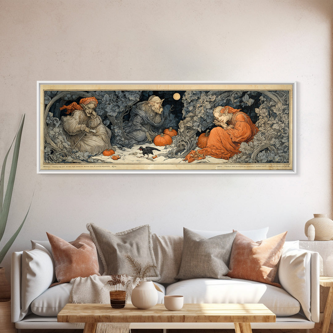 The Pumpkin Patch Goblin, Symbolist Death Art, Extra Wide Wall Art, Macabre Wall Art, Framed Canvas Print, Halloween Wall Art
