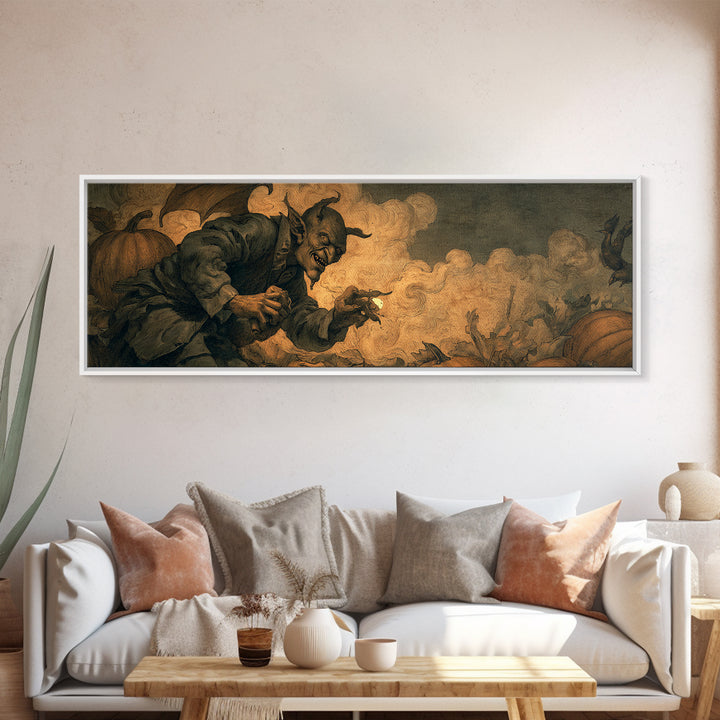 The Pumpkin Patch Goblin, Dark Symbolist Art, Extra Wide Wall Art, Dark Fantasy Wall Art, Canvas Print, Halloween Wall Art