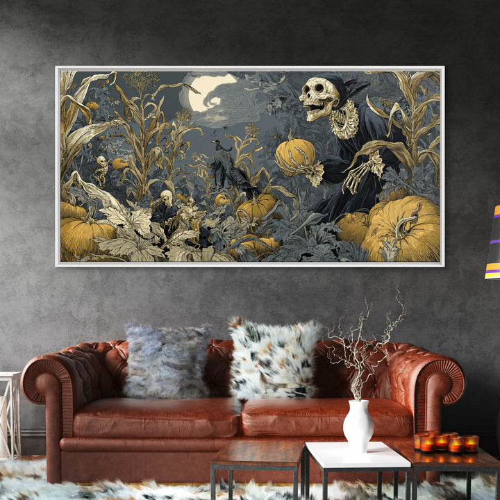 The Pumpkin Patch Goblin, Macabre Folk Print Art, Wide Panoramic Art, Dark Halloween Decor, Framed Canvas Print