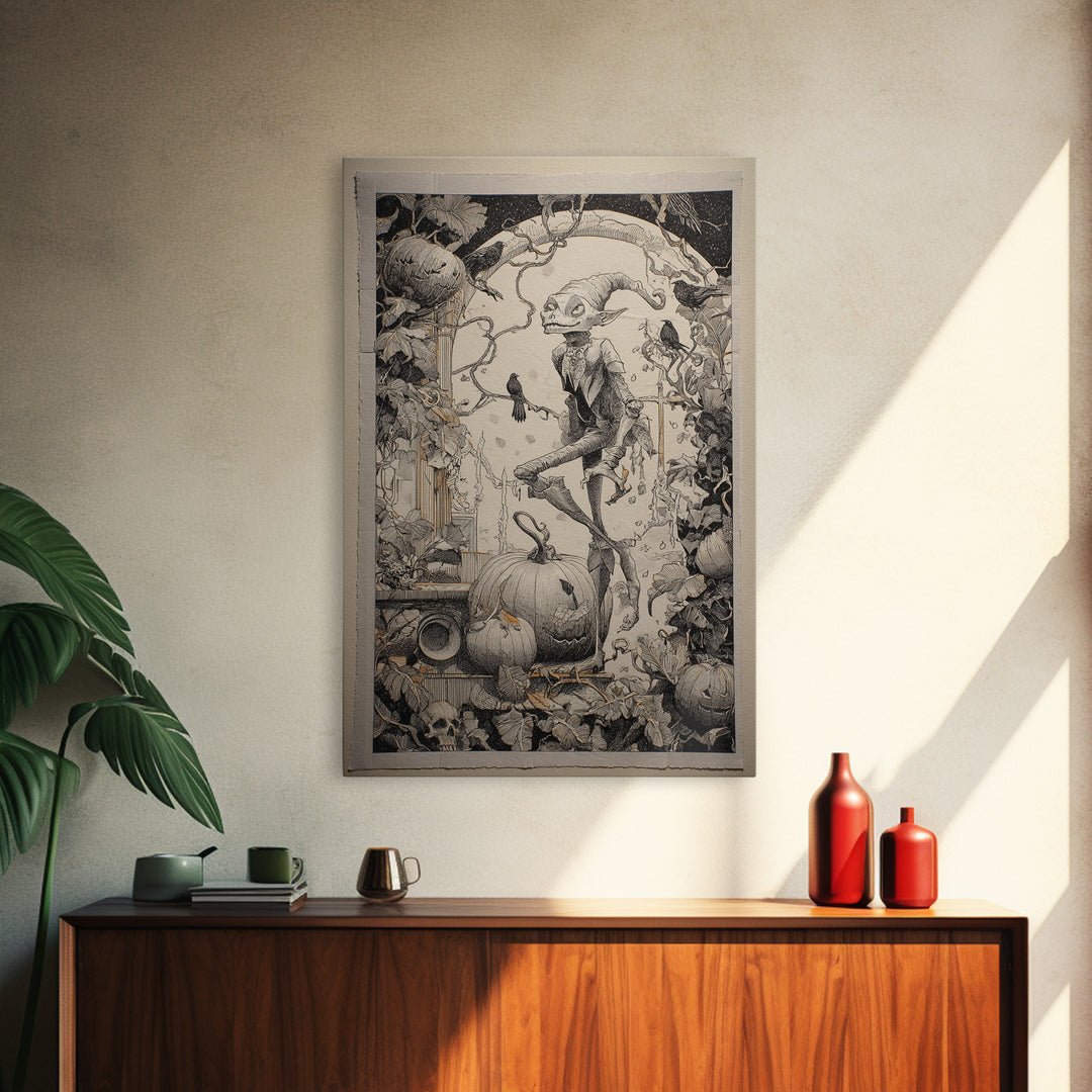 The Pumpkin Patch Goblin, Victorian Macabre Art, Vertical Wall Art, Dark Halloween Decor, Canvas Print, Halloween Wall Art
