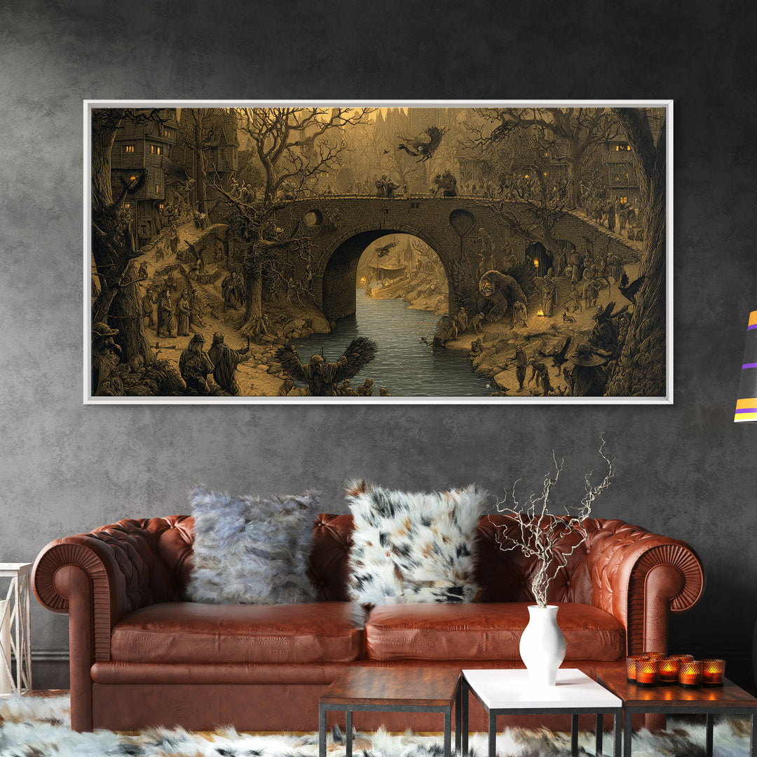 The Bridge Troll At Midnight, Northern Renaissance Horror, Wide Panoramic Art, Gothic Horror Wall Art, Framed Canvas Print