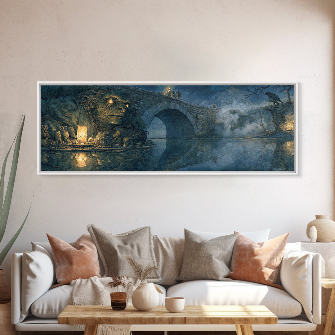 The Bridge Troll At Midnight, Dark Renaissance Art, Extra Wide Wall Art, Macabre Wall Art, Canvas Print, Halloween Wall Art