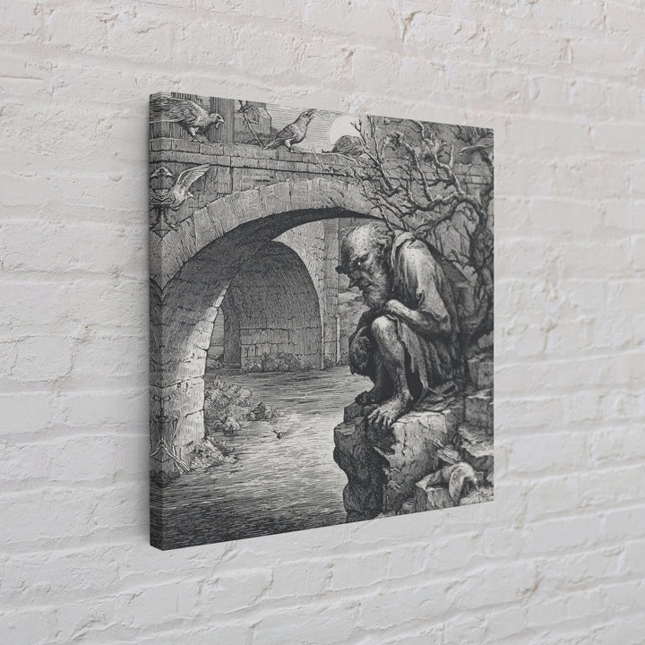 The Bridge Troll At Midnight, Renaissance Engraving Art, Square Wall Art, Gothic Horror Wall Art, Canvas Print, Halloween Wall Art