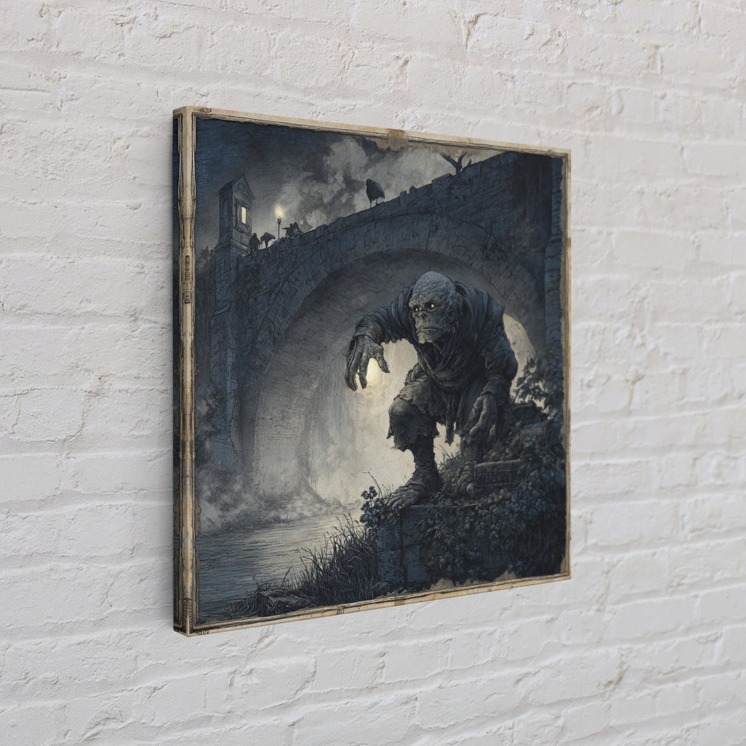 The Bridge Troll At Midnight, Danse Macabre Art, Square Wall Art, Macabre Wall Art, Framed Canvas Print, Halloween Decor