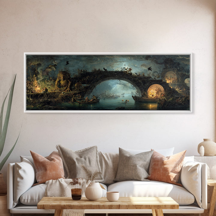 The Bridge Troll At Midnight, Gothic Nightmare Art, Extra Wide Wall Art, Dark Fantasy Wall Art, Canvas Print, Halloween Wall Art