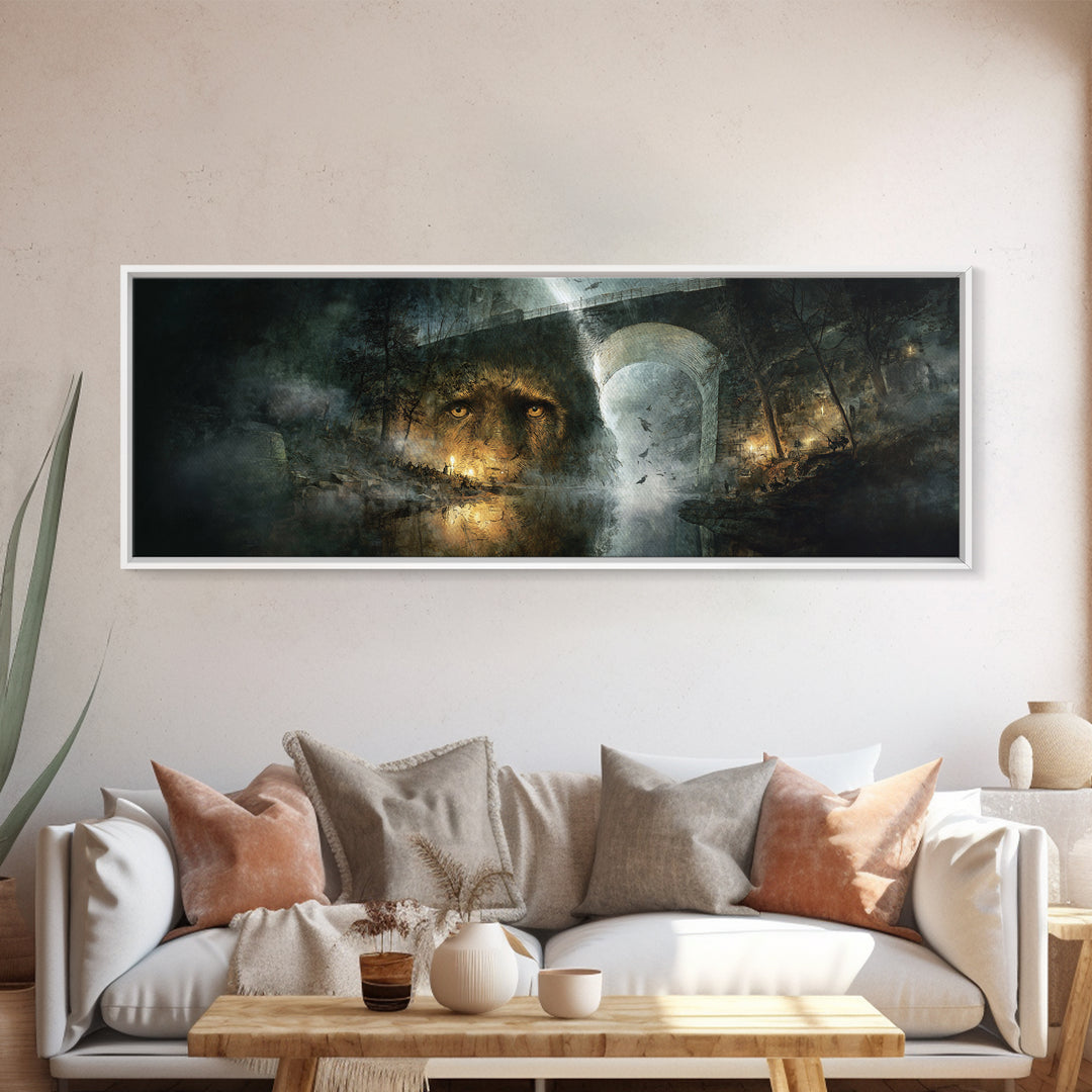 The Bridge Troll At Midnight, Visionary Gothic Art, Extra Wide Wall Art, Dark Halloween Decor, Framed Canvas Print, Halloween Wall Art