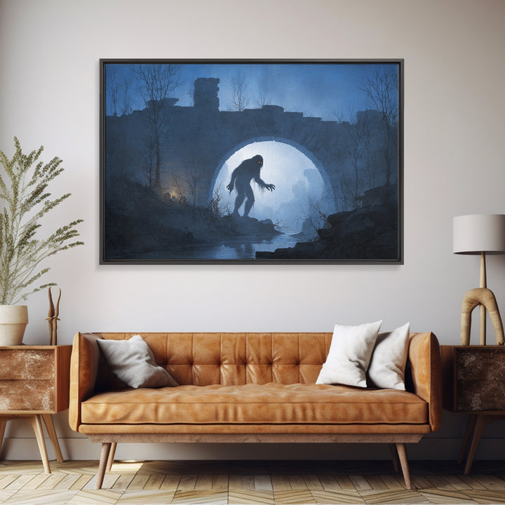 The Bridge Troll At Midnight, Romantic Gothic Landscape, Landscape Wall Art, Macabre Wall Art, Canvas Print, Halloween Wall Art