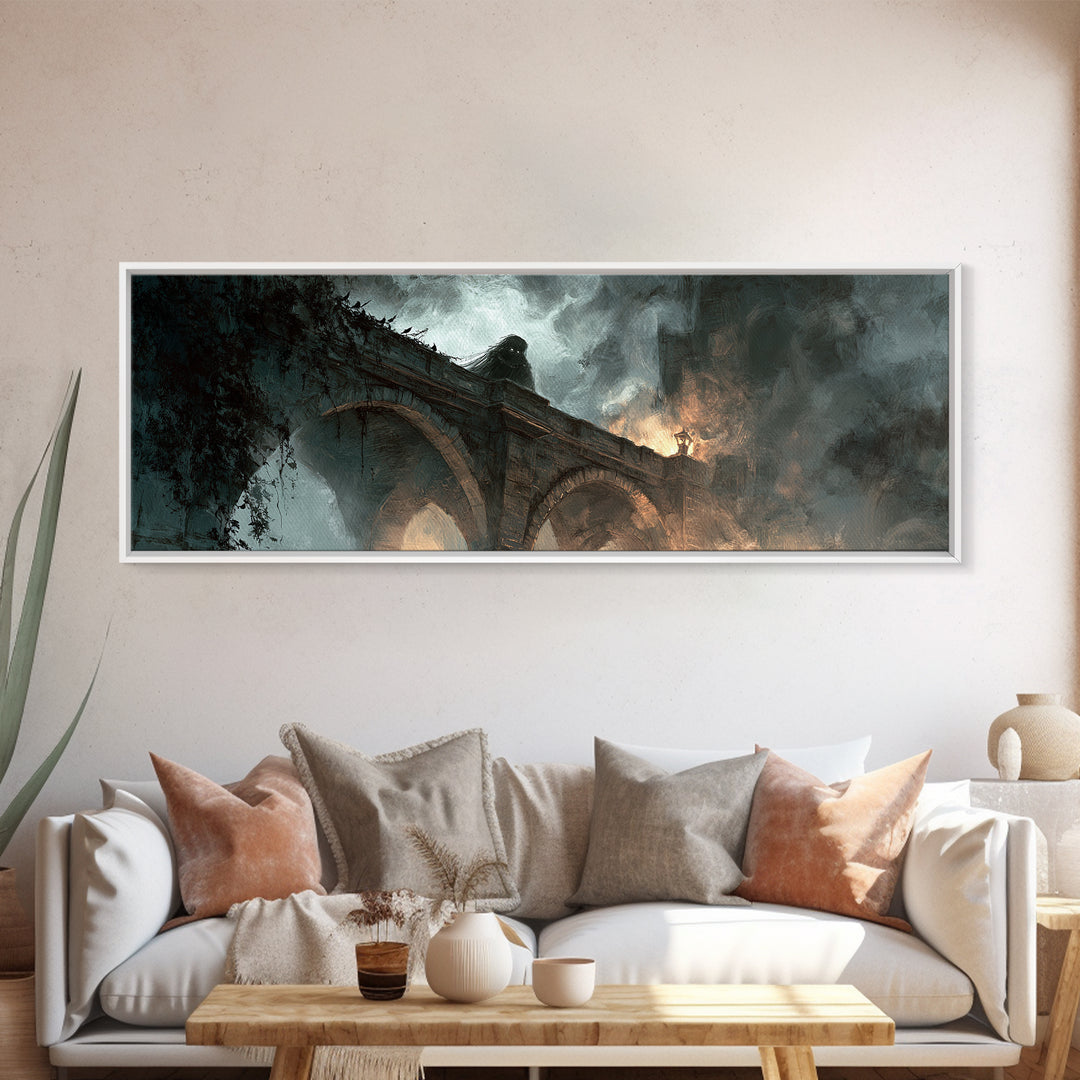 The Bridge Troll At Midnight, Apocalyptic Romantic Art, Extra Wide Wall Art, Dark Halloween Decor, Canvas Print, Halloween Wall Art
