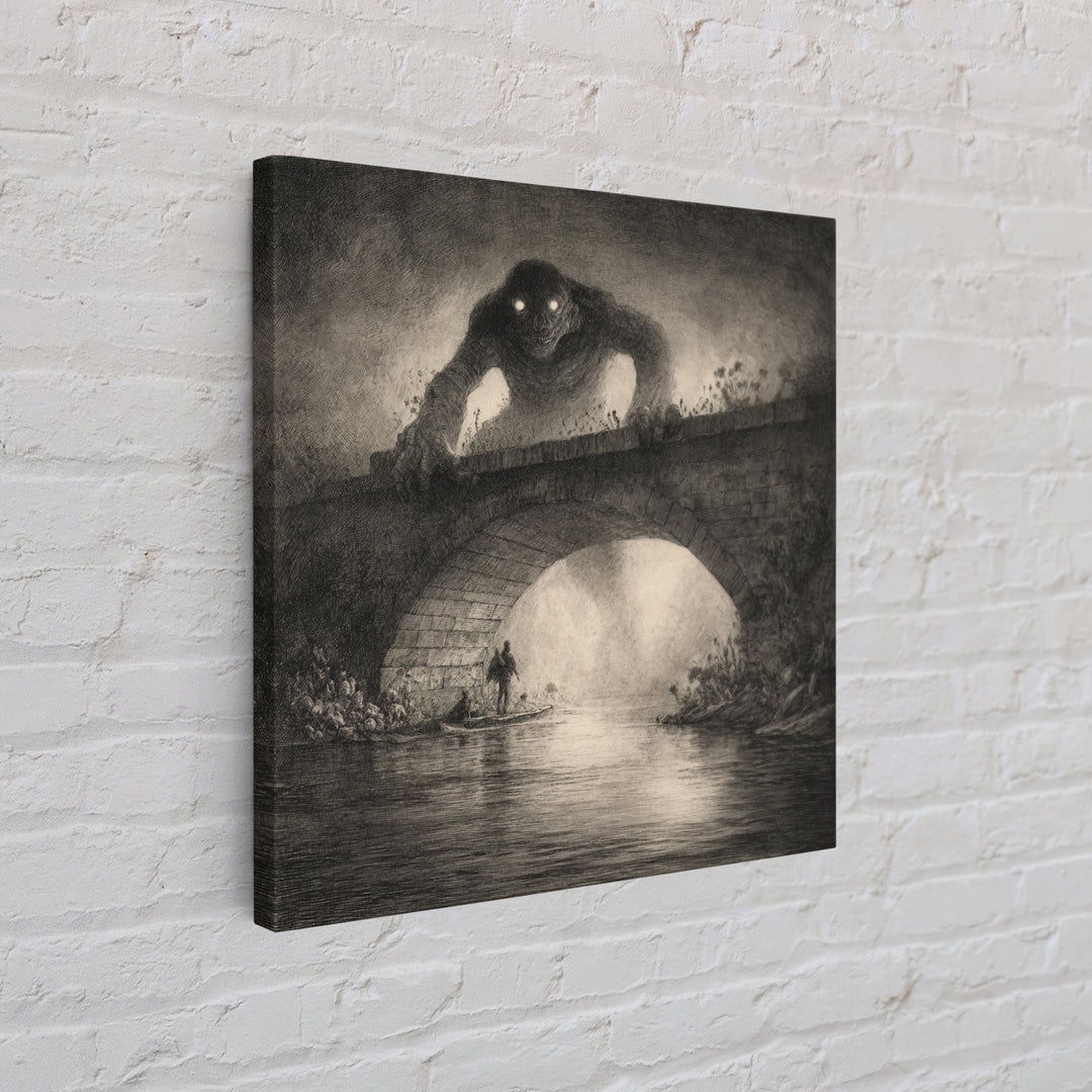 The Bridge Troll At Midnight, Symbolist Dream Art, Square Wall Art, Gothic Horror Wall Art, Framed Canvas Print, Halloween Wall Art