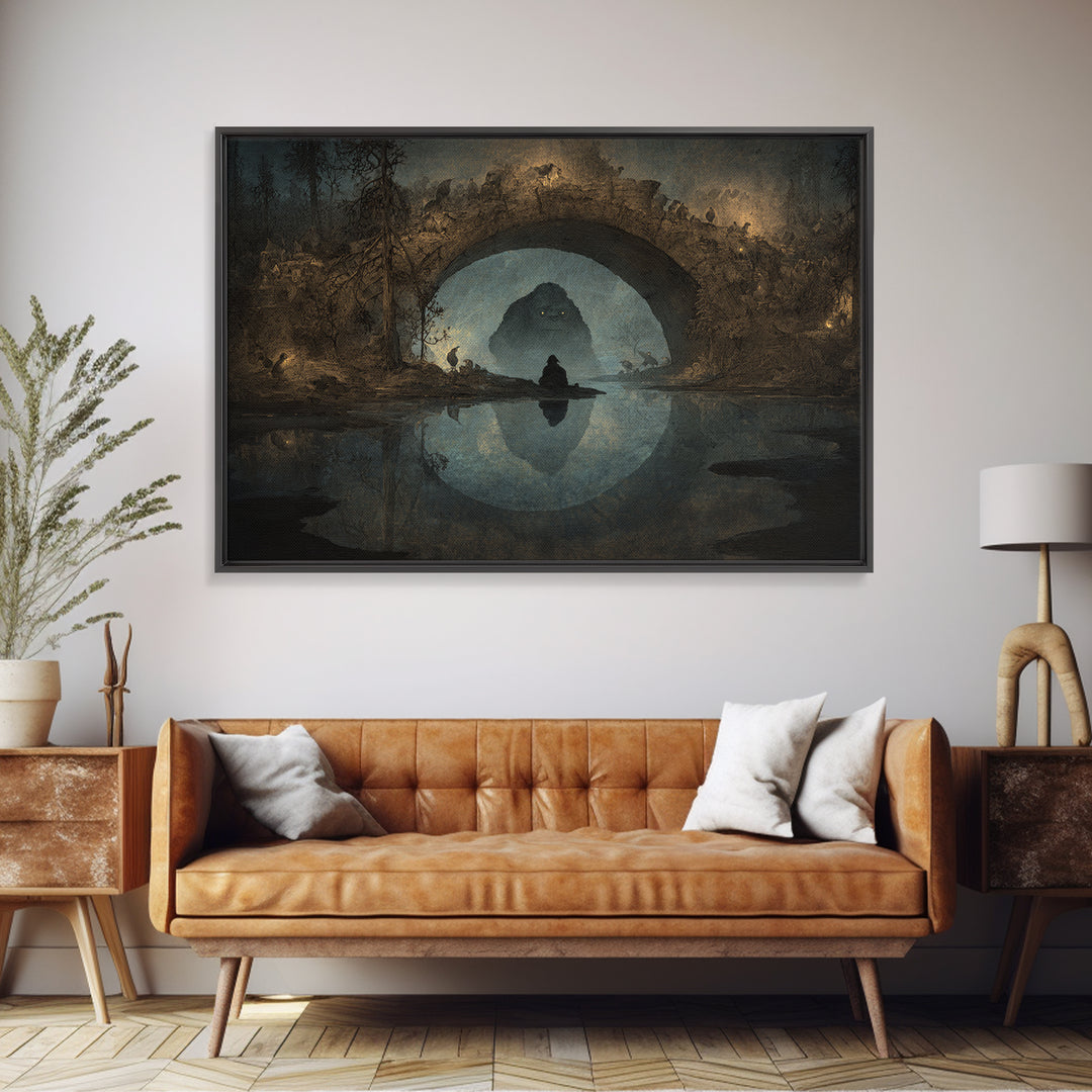 The Bridge Troll At Midnight, Symbolist Gothic Landscape, Landscape Wall Art, Dark Halloween Decor, Canvas Print, Halloween Wall Art