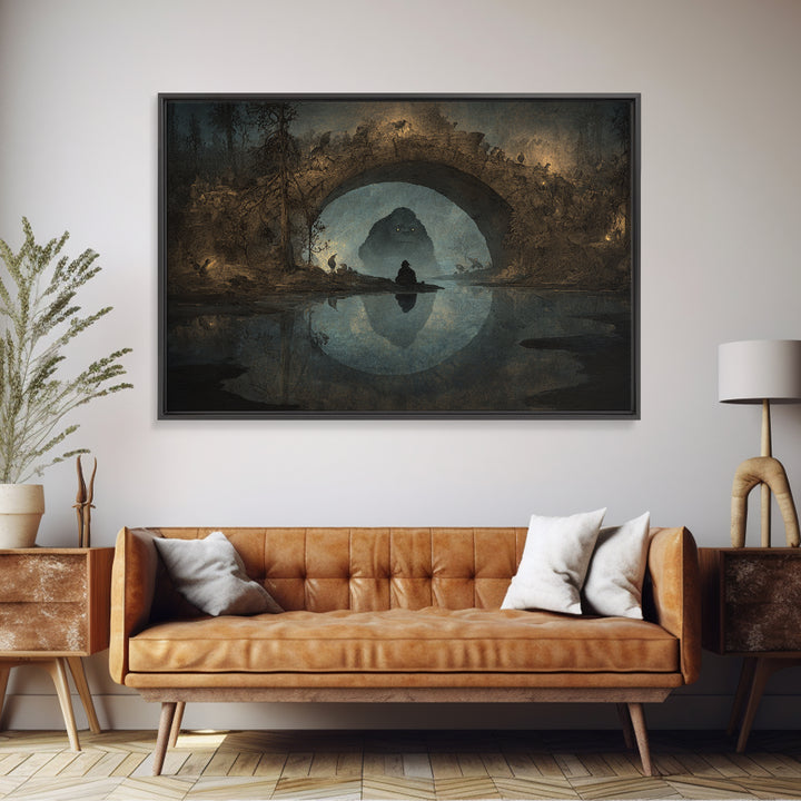The Bridge Troll At Midnight, Symbolist Gothic Landscape, Landscape Wall Art, Dark Halloween Decor, Canvas Print, Halloween Wall Art