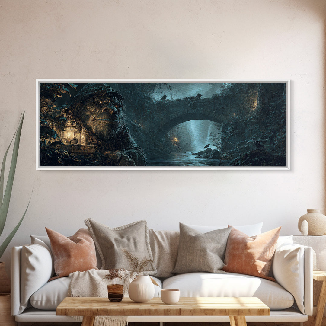 The Bridge Troll At Midnight, Ornate Symbolist Art, Extra Wide Wall Art, Dark Halloween Decor, Framed Canvas Print