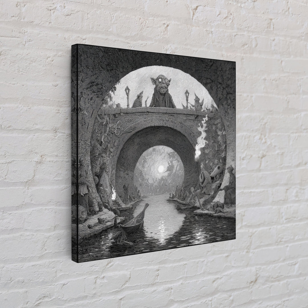 The Bridge Troll At Midnight, Expressionist Nightmare Art, Square Wall Art, Macabre Wall Art, Framed Canvas Print, Halloween Wall Art
