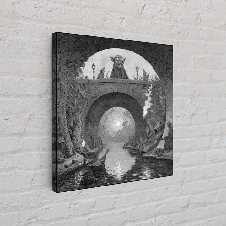 The Bridge Troll At Midnight, Expressionist Nightmare Art, Square Wall Art, Macabre Wall Art, Framed Canvas Print, Halloween Wall Art