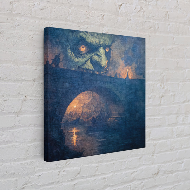 The Bridge Troll At Midnight, Grotesque Carnival Art, Square Wall Art, Dark Halloween Decor, Framed Canvas Print, Halloween Wall Art