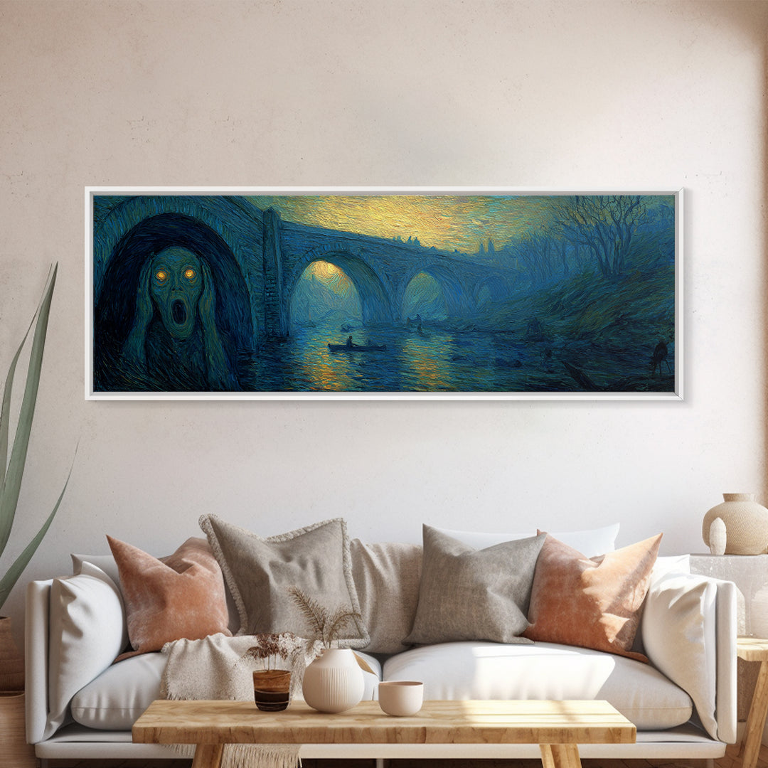 The Bridge Troll At Midnight, Expressionist Gothic Art, Extra Wide Wall Art, Gothic Horror Wall Art, Framed Canvas Print, Spooky Wall Decor