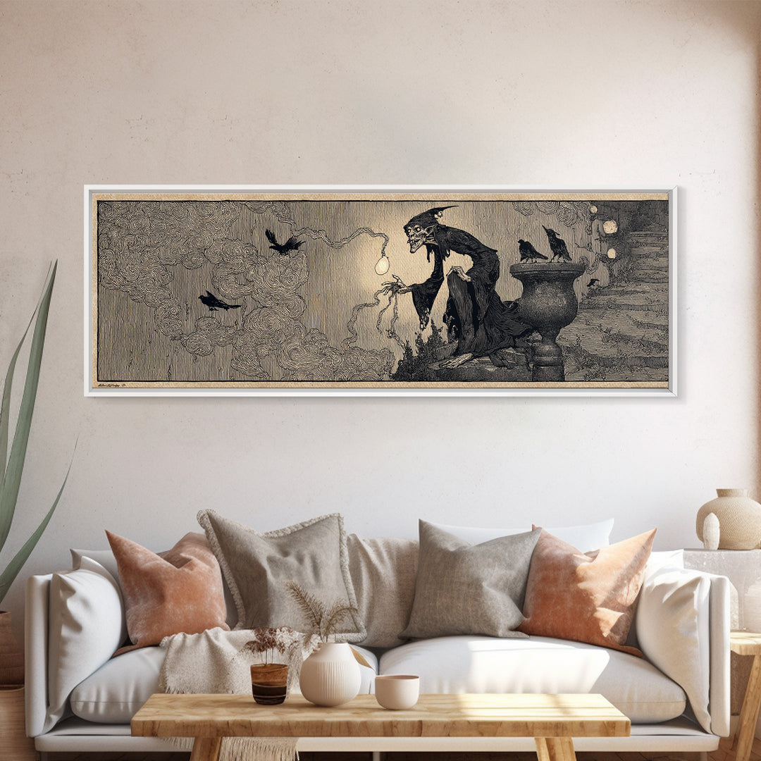 The Bridge Troll At Midnight, Decadent Line Art, Extra Wide Wall Art, Dark Fantasy Wall Art, Canvas Print, Halloween Wall Art