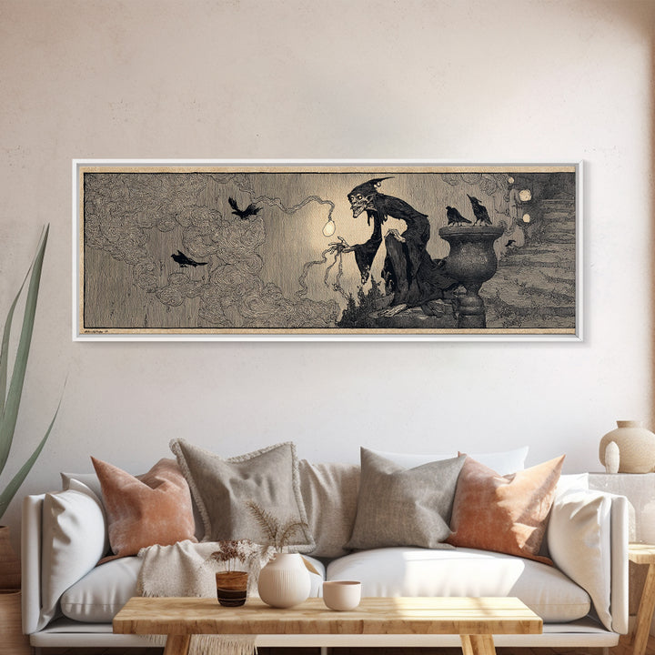 The Bridge Troll At Midnight, Decadent Line Art, Extra Wide Wall Art, Dark Fantasy Wall Art, Canvas Print, Halloween Wall Art