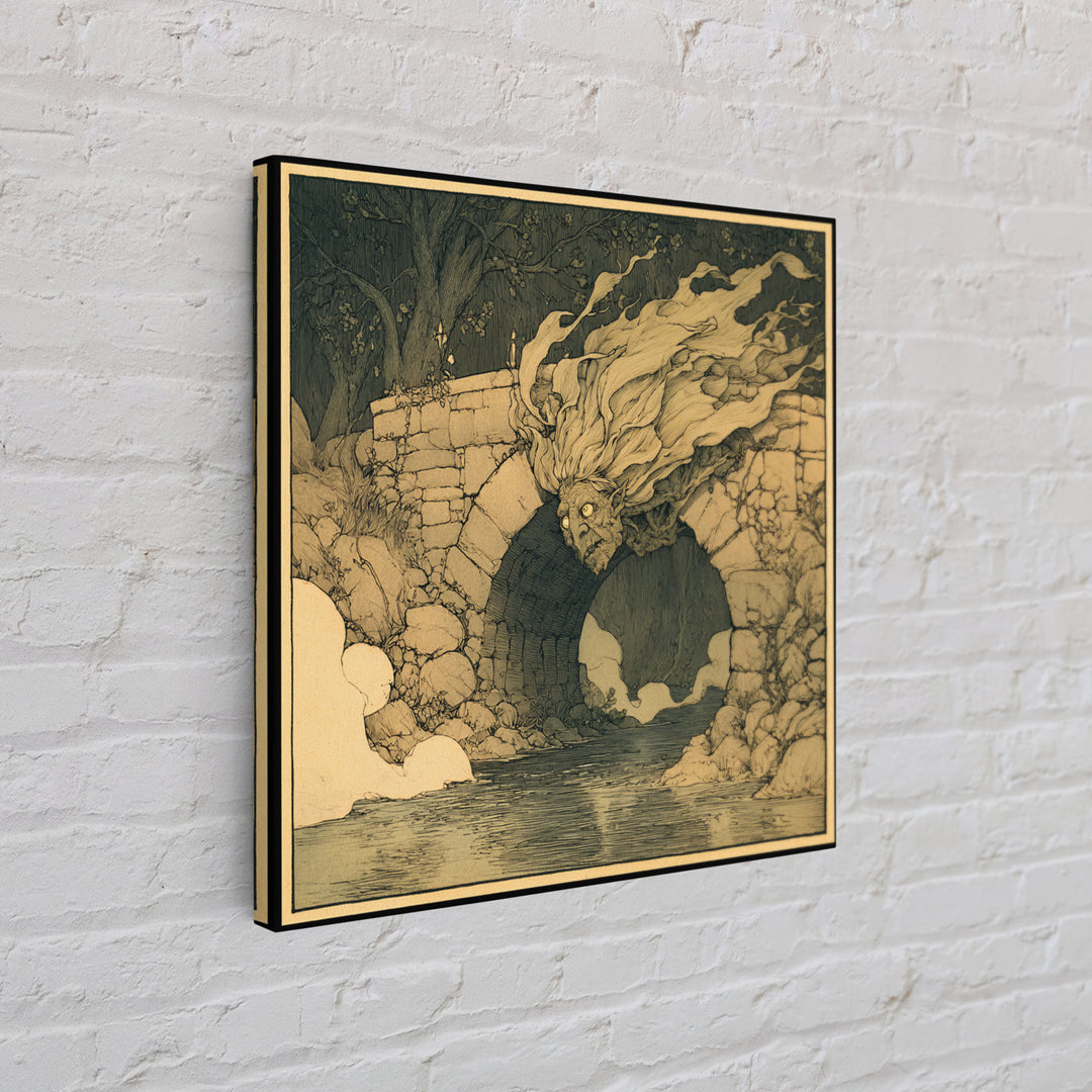 The Bridge Troll At Midnight, Gothic Storybook Art, Square Wall Art, Macabre Wall Art, Framed Canvas Print, Halloween Wall Art