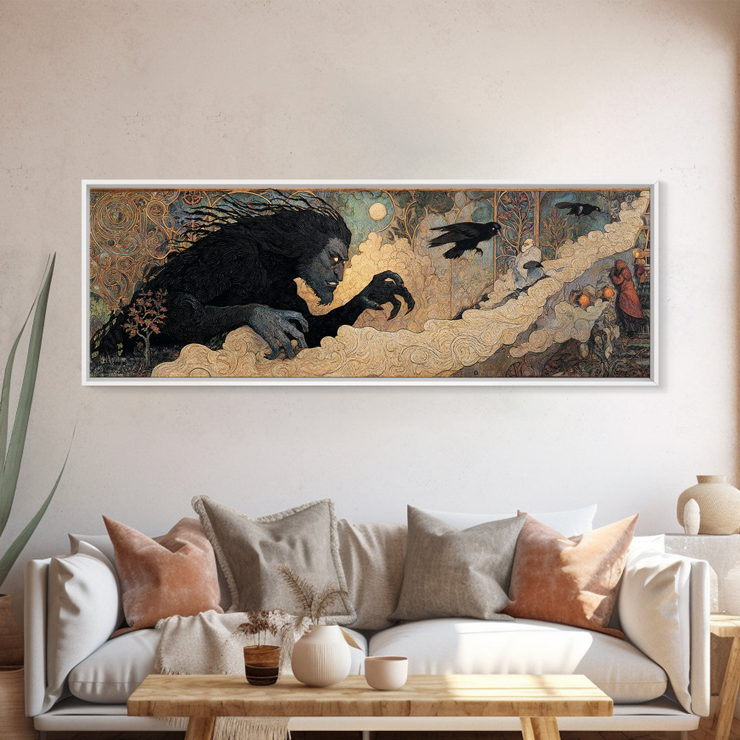 The Bridge Troll At Midnight, Stained Glass Gothic Art, Extra Wide Wall Art, Macabre Wall Art, Canvas Print, Halloween Wall Art