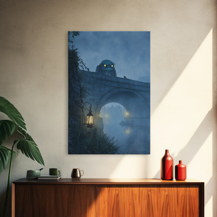 The Bridge Troll At Midnight, Victorian Macabre Art, Vertical Wall Art, Dark Fantasy Wall Art, Framed Canvas Print, Halloween Wall Art