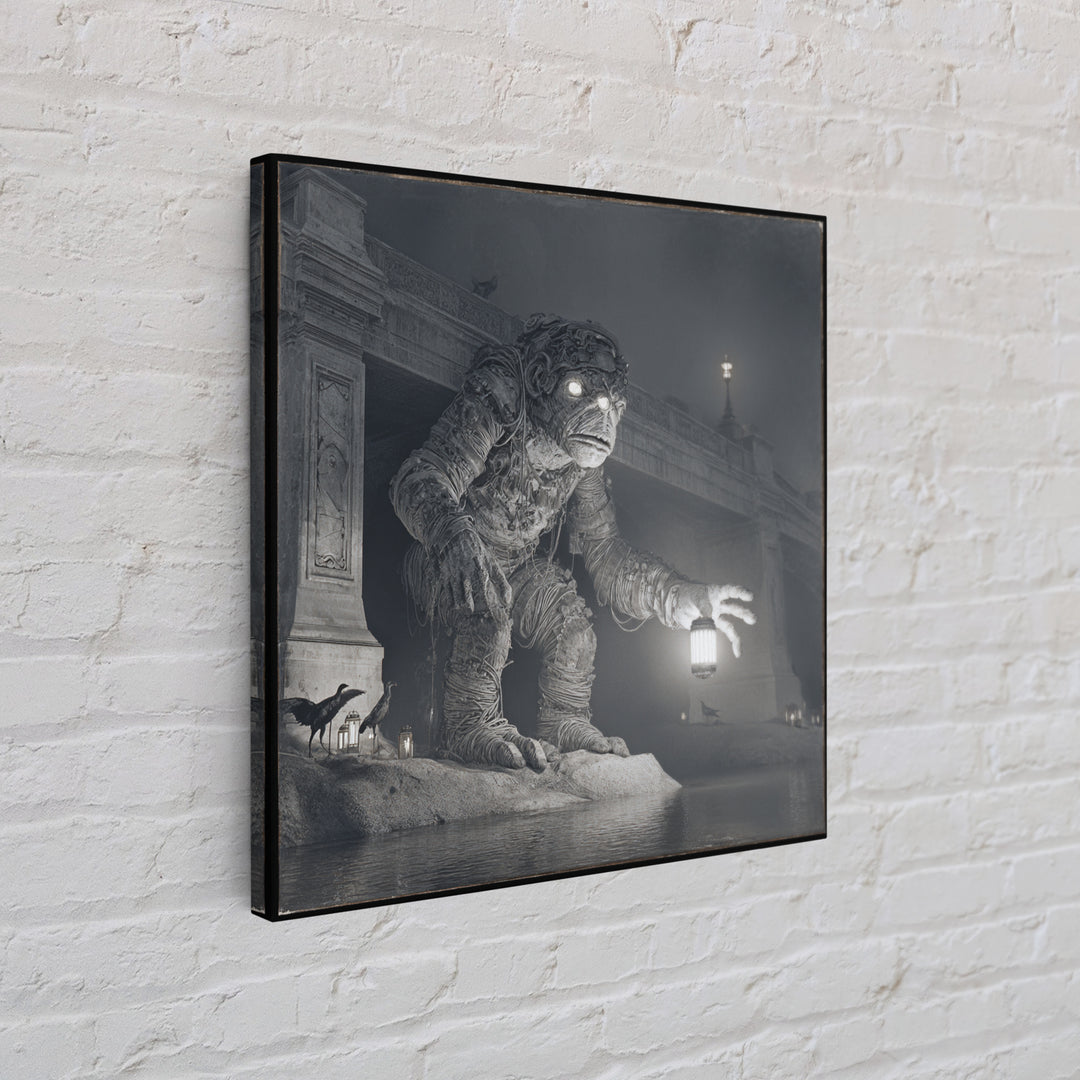 The Bridge Troll At Midnight, Biomechanical Horror Art, Square Wall Art, Dark Halloween Decor, Canvas Print, Halloween Wall Art