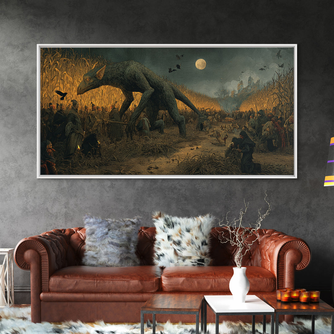 The Cornfield Crawler, Northern Renaissance Horror, Wide Panoramic Art, Macabre Wall Art, Canvas Print, Halloween Wall Art
