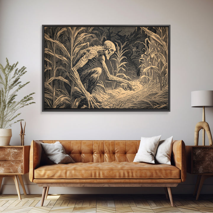 The Cornfield Crawler, Architectural Etching Art, Landscape Wall Art, Dark Fantasy Wall Art, Framed Canvas Print