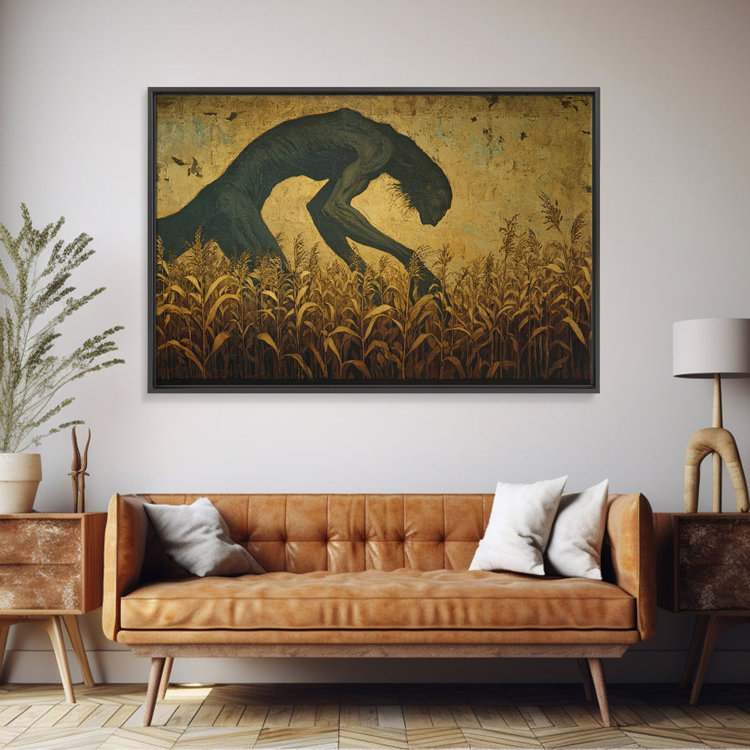 The Cornfield Crawler, Dark Symbolist Art, Landscape Wall Art, Dark Fantasy Wall Art, Canvas Print, Halloween Wall Art