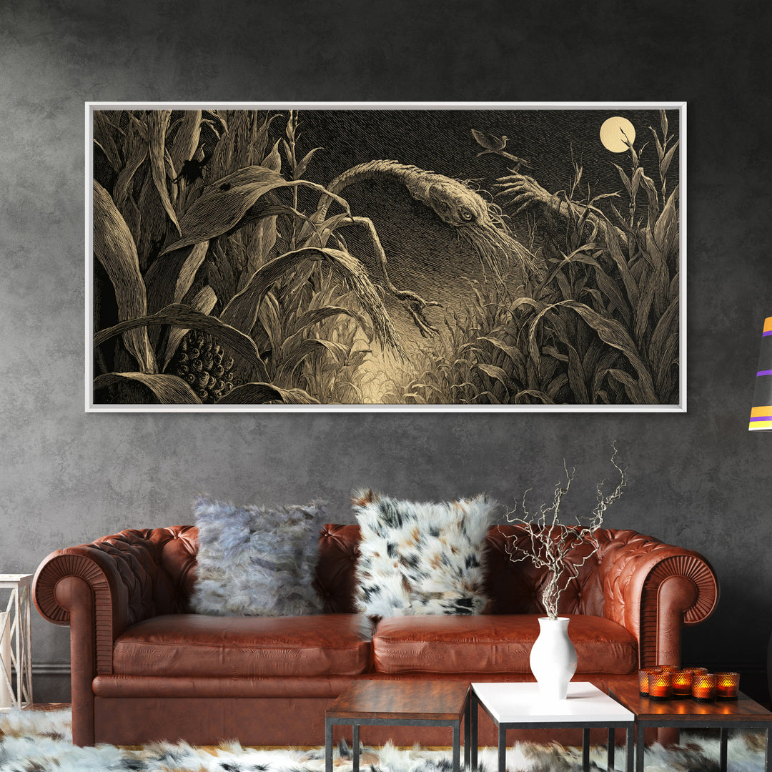 The Cornfield Crawler, Expressionist Nightmare Art, Wide Panoramic Art, Dark Fantasy Wall Art, Canvas Print, Halloween Wall Art
