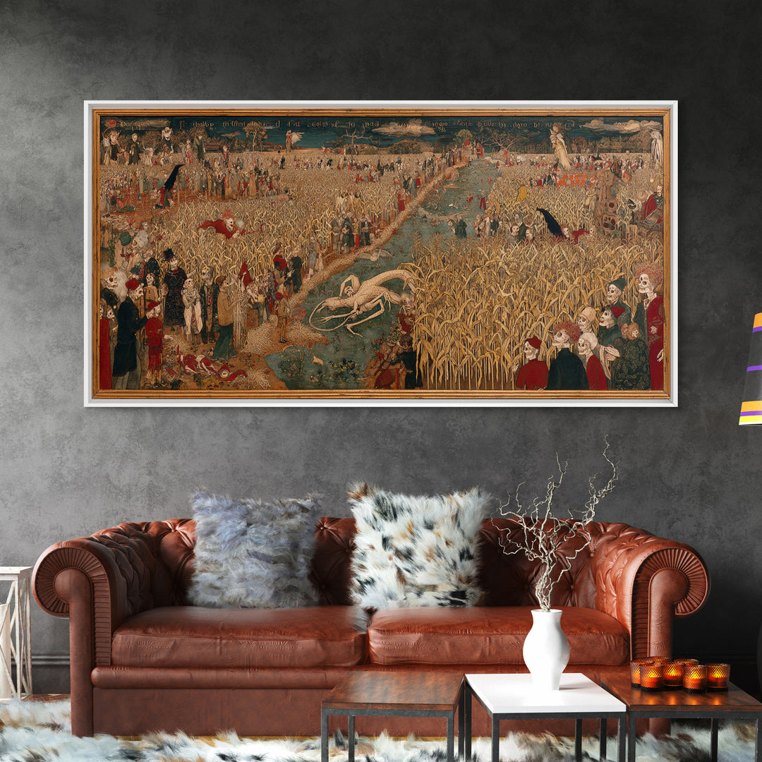 The Cornfield Crawler, Grotesque Carnival Art, Wide Panoramic Art, Macabre Wall Art, Framed Canvas Print, Halloween Wall Art