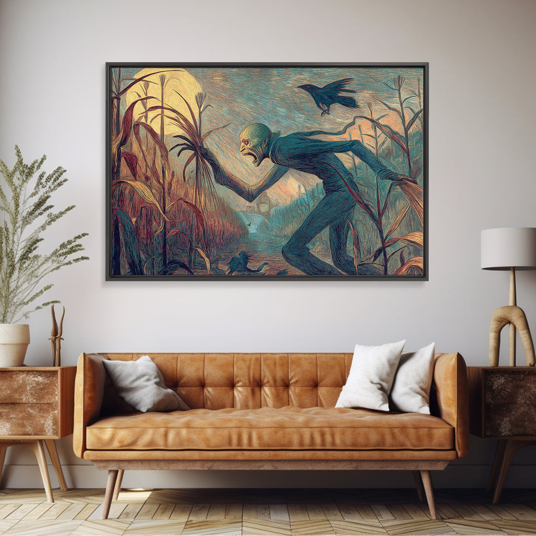 The Cornfield Crawler, Expressionist Gothic Art, Landscape Wall Art, Gothic Horror Wall Art, Framed Canvas Print, Halloween Wall Art