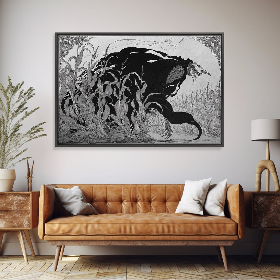 The Cornfield Crawler, Decadent Line Art, Landscape Wall Art, Dark Halloween Decor, Canvas Print, Halloween Wall Art