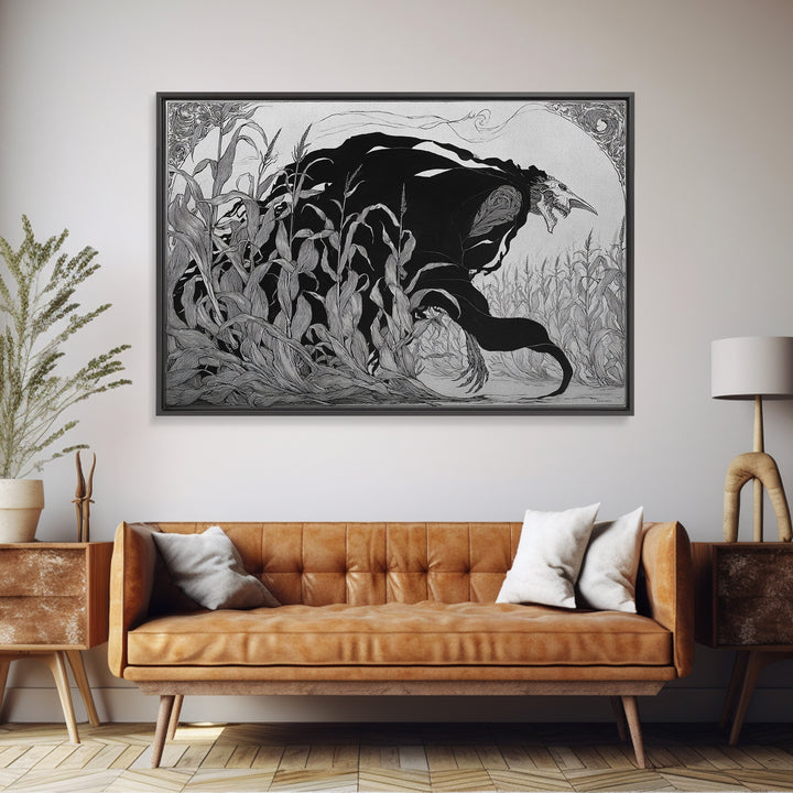 The Cornfield Crawler, Decadent Line Art, Landscape Wall Art, Dark Halloween Decor, Canvas Print, Halloween Wall Art