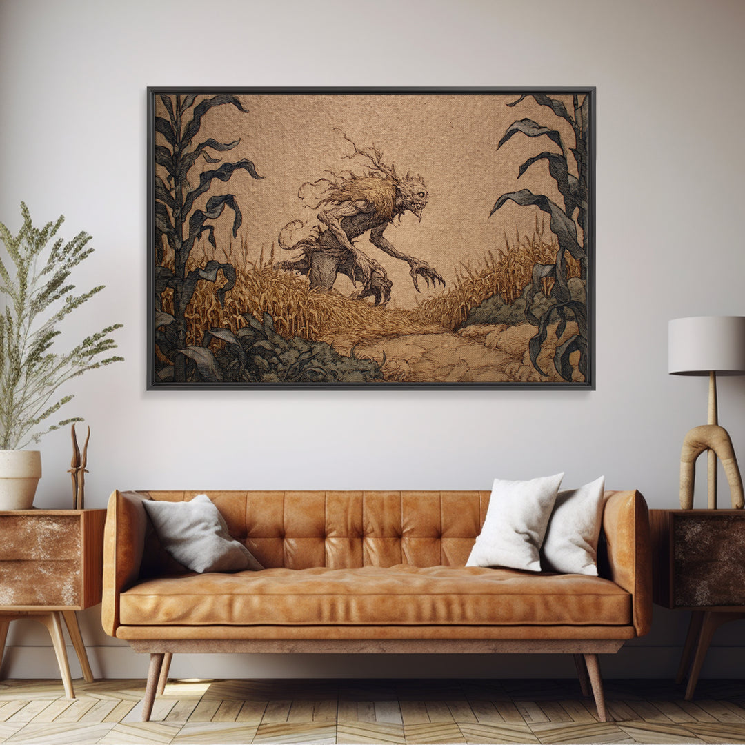 The Cornfield Crawler, Gothic Storybook Art, Landscape Wall Art, Dark Halloween Decor, Canvas Print, Halloween Wall Art