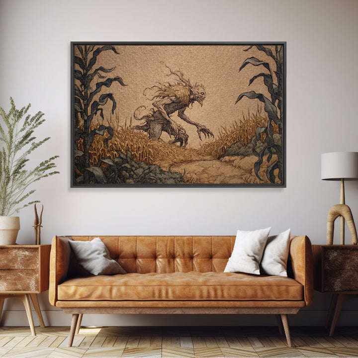 The Cornfield Crawler, Gothic Storybook Art, Landscape Wall Art, Dark Halloween Decor, Canvas Print, Halloween Wall Art