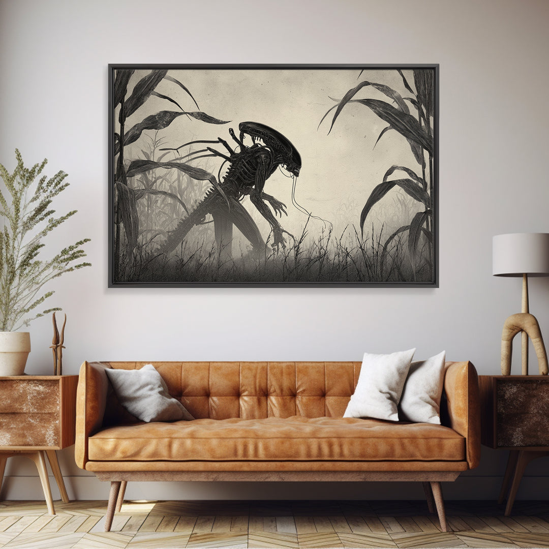 The Cornfield Crawler, Biomechanical Horror Art, Landscape Wall Art, Macabre Wall Art, Canvas Print, Halloween Wall Art, Spooky Wall Decor