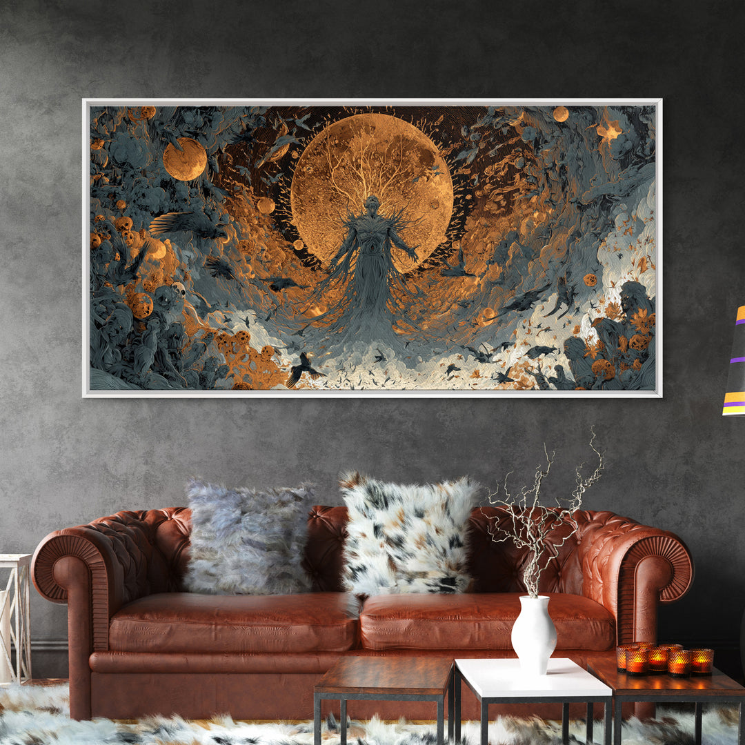 The Harvest Demon, Apocalyptic Romantic Art, Wide Panoramic Art, Macabre Wall Art, Framed Canvas Print, Halloween Wall Art