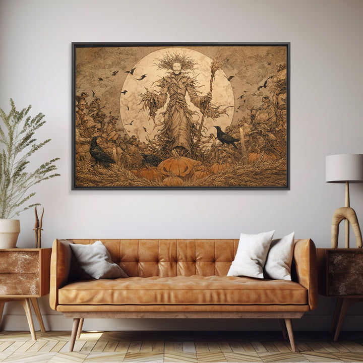 The Harvest Demon, Gothic Storybook Art, Landscape Wall Art, Dark Halloween Decor, Framed Canvas Print, Halloween Wall Art