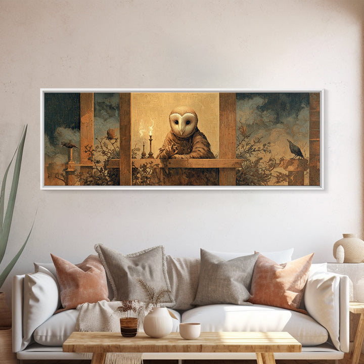 The Owl-Faced Omen, Medieval Grotesque Art, Extra Wide Wall Art, Dark Halloween Decor, Canvas Print, Halloween Wall Art